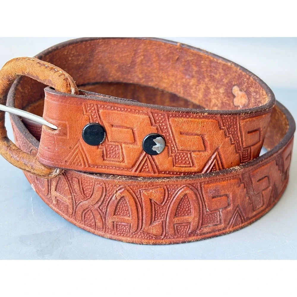 Oaxaca Tooled Leather Belt Brown Geometric Handcrafted Southwestern